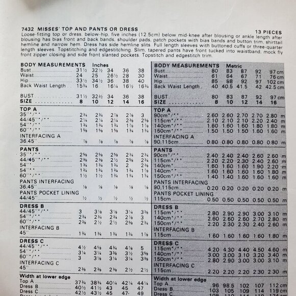 Vogue Patterns 7432 UNCUT Misses Size 12 1970s Top Pants & Dress Sewing Pattern - Picture 5 of 10